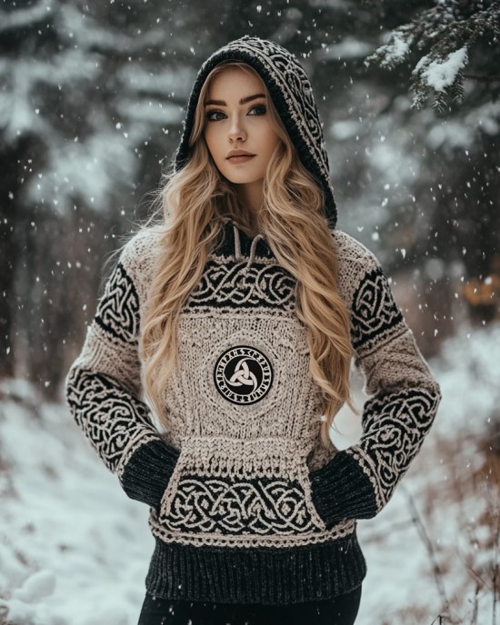 Women's Viking Totem Celtic Knot Vintage Pocket Hooded Sweater