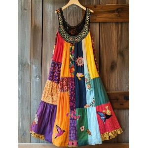 Boho Floral Embroidered Patchwork Linen Blend Dress