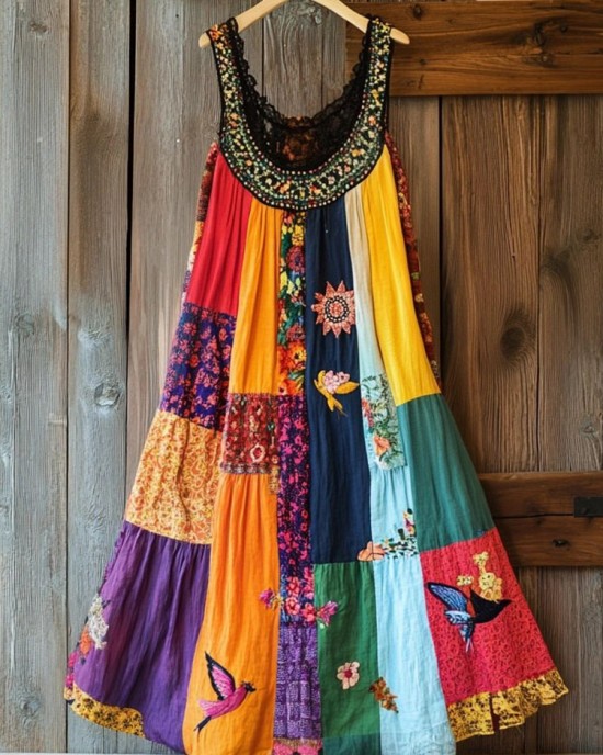 Boho Floral Embroidered Patchwork Linen Blend Dress Boho Floral Embroidered Patchwork Linen Blend Dress