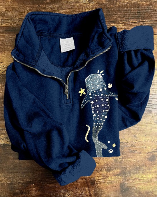 Whale Shark Embroidered Zip Up Comfy Sweatshirt Whale Shark Embroidered Zip Up Comfy Sweatshirt