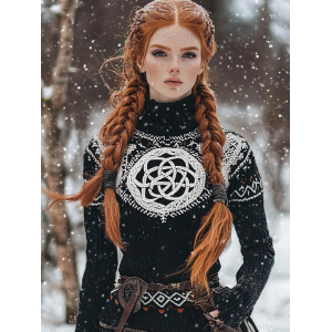 Women's Viking Style Celtic Knot Knitted High Neck Sweater