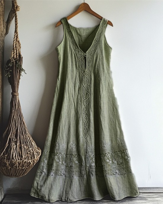 Vintage Celtic Knot Lace Patchwork Linen Tank Dress