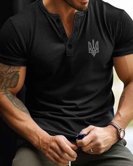 Men's Ukraine Trident Embroidered Henley T-shirt Men's Ukraine Trident Embroidered Henley T-shirt