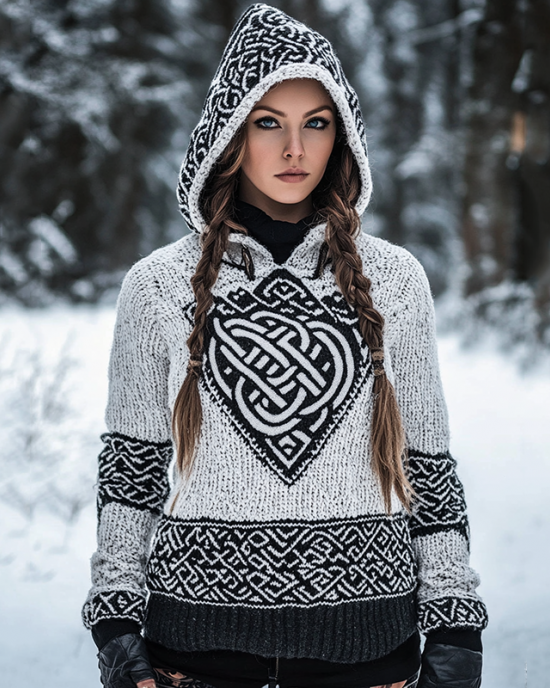 Women's Viking Knit Jacquard Warm Hooded Sweater