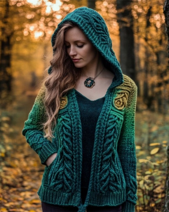 Irish Forest Gradient Celtic Cozy Hooded Cardigan