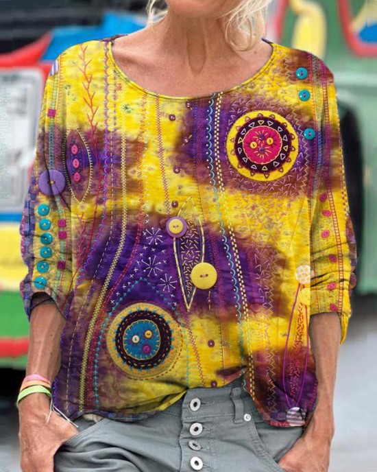 Button Embroidered Floral Women's Vintage Linen Shirt