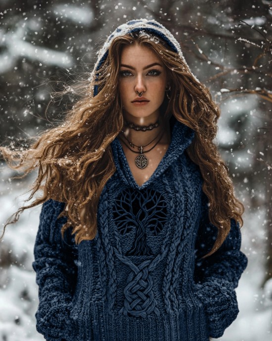 Women's Viking Tribal Runes Life Of Tree Chunky Knit Hooded Sweater Women's Viking Tribal Runes Life Of Tree Chunky Knit Hooded Sweater
