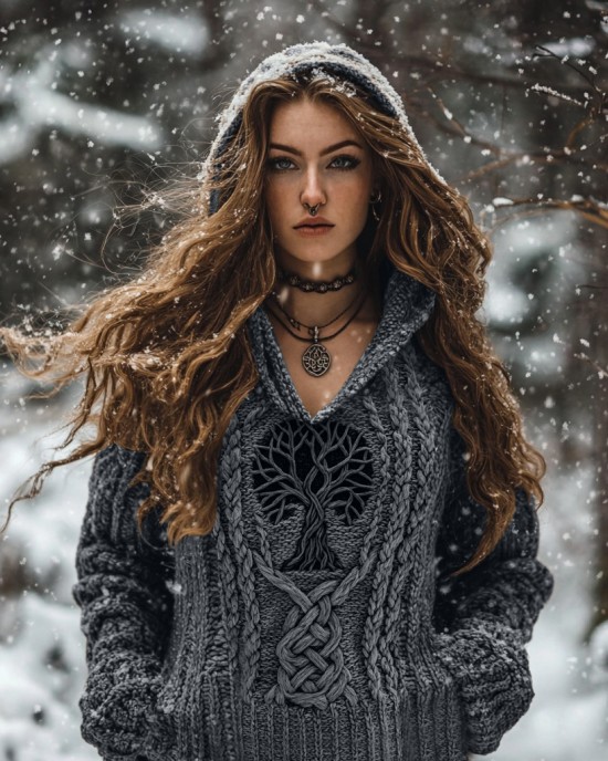 Women's Viking Tribal Runes Life Of Tree Chunky Knit Hooded Sweater Women's Viking Tribal Runes Life Of Tree Chunky Knit Hooded Sweater