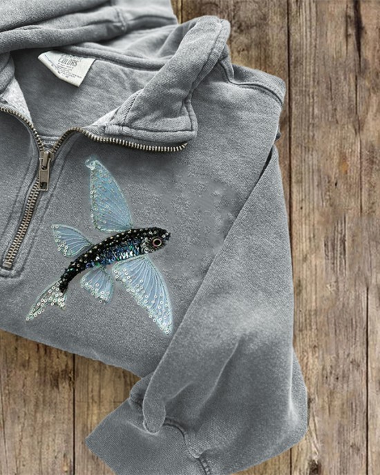 Classy Fish Sequins Embroidered Zip Up Sweatshirt Classy Fish Sequins Embroidered Zip Up Sweatshirt