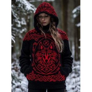 Viking Wolf Inspired Celtic Jacquard Cozy Hooded Sweater