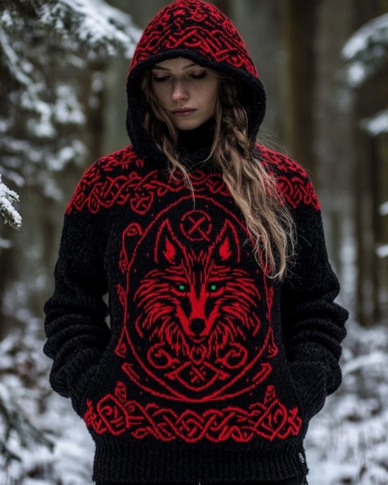 Viking Wolf Inspired Celtic Jacquard Cozy Hooded Sweater Viking Wolf Inspired Celtic Jacquard Cozy Hooded Sweater