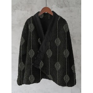 Japanese Embroidered Sashiko Art Cozy Fleece Kimono Cardigan
