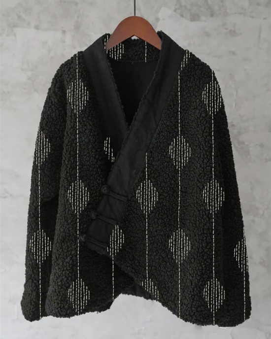 Japanese Embroidered Sashiko Art Cozy Fleece Kimono Cardigan