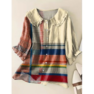 Women's Cotton And Linen Contrast Geometric Print Shirt