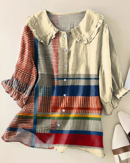 Women's Cotton And Linen Contrast Geometric Print Shirt Women's Cotton And Linen Contrast Geometric Print Shirt