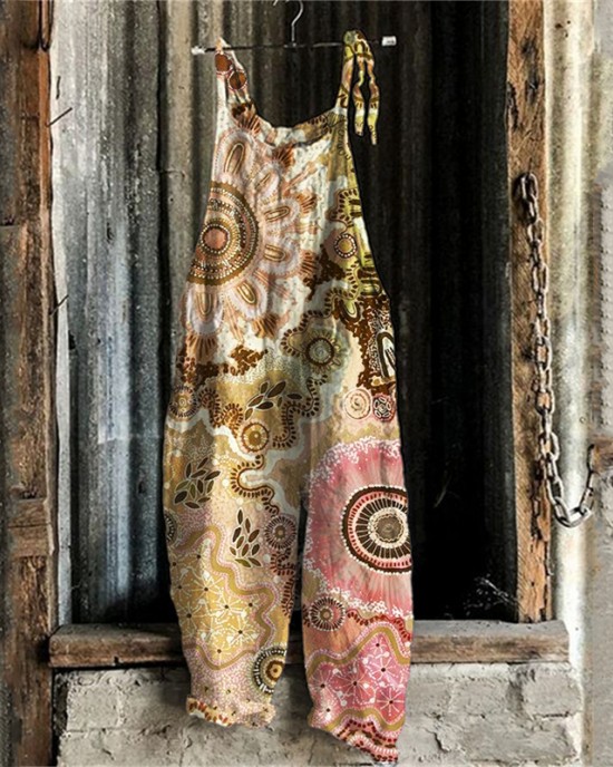 Boho Floral Ethnic Art Linen Blend Jumpsuit