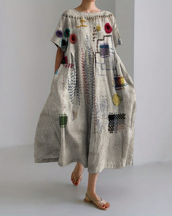 Colorful Embroidered Japanese Sashiko Art Linen Blend Maxi Dress Colorful Embroidered Japanese Sashiko Art Linen Blend Maxi Dress