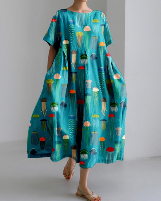 Colorful Jellyfish Art Pattern Linen Blend Maxi Dress Colorful Jellyfish Art Pattern Linen Blend Maxi Dress