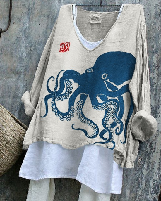 Octopus Japanese Lino Art Flowy Linen Blend Tunic Octopus Japanese Lino Art Flowy Linen Blend Tunic
