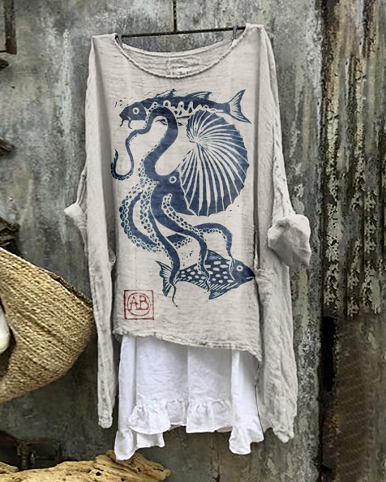 Vintage Japanese Art Ocean Octopus Linen Blend Shirt Vintage Japanese Art Ocean Octopus Linen Blend Shirt