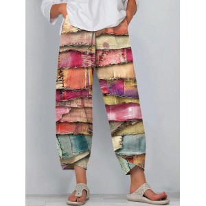 Women's Vintage Multicolor Patchwork Art Linen Blend Pants