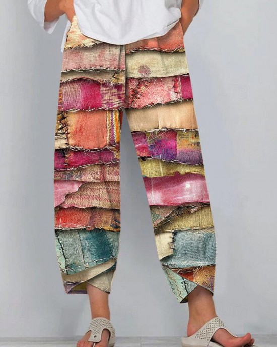 Women's Vintage Multicolor Patchwork Art Linen Blend Pants Women's Vintage Multicolor Patchwork Art Linen Blend Pants