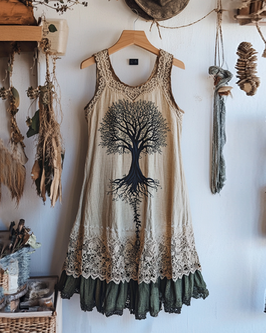 Viking Tree Of Life Lace Art Linen Tank Dress