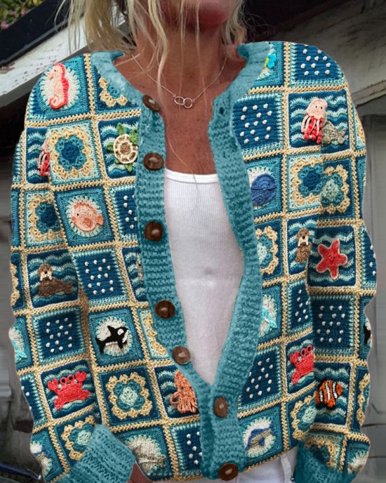 Sea Life Marine Crochet Cozy Knit Cardigan Sea Life Marine Crochet Cozy Knit Cardigan