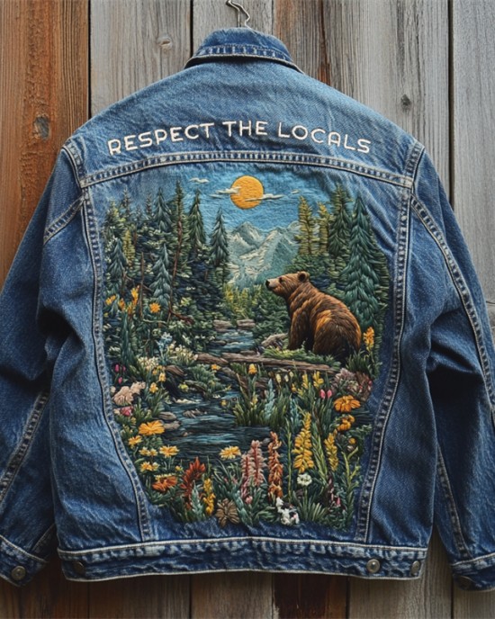 Respect The Locals Bear Landscape Embroidered Denim Jacket