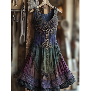 Women's Vintage  Viking Tree Of Life Gradient Linen Dress