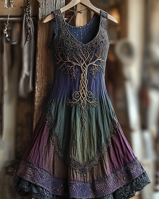 Women's Vintage Viking Tree Of Life Gradient Linen Dress Women's Vintage Viking Tree Of Life Gradient Linen Dress