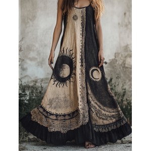 Mystical Sun & Moon Contrast Lace Layered Maxi Linen Dress