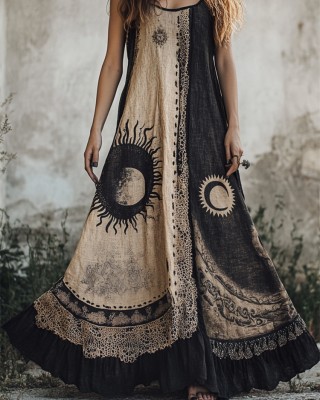 Mystical Sun & Moon Contrast Lace Layered Maxi Linen Dress