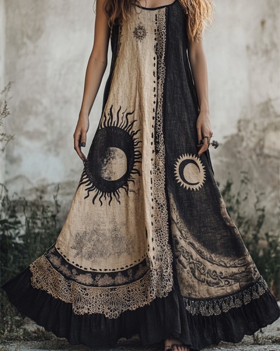 Mystical Sun & Moon Contrast Lace Layered Maxi Linen Dress