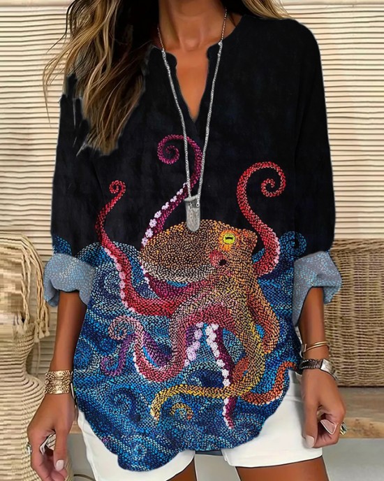 Ocean Octopus Embroidered Thread Stitch Women's Linen Shirt Ocean Octopus Embroidered Thread Stitch Women's Linen Shirt