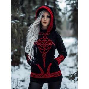 Women's Viking Celtic Jacquard Cozy Knit Hooded Sweater