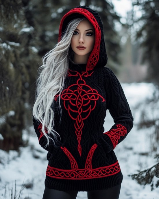 Women's Viking Celtic Jacquard Cozy Knit Hooded Sweater Women's Viking Celtic Jacquard Cozy Knit Hooded Sweater