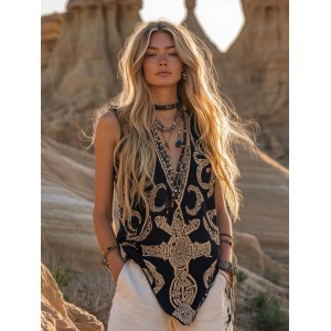 Women's Viking Tribal With Celtic Knot Pattern Art Linen  Sleeveless Top