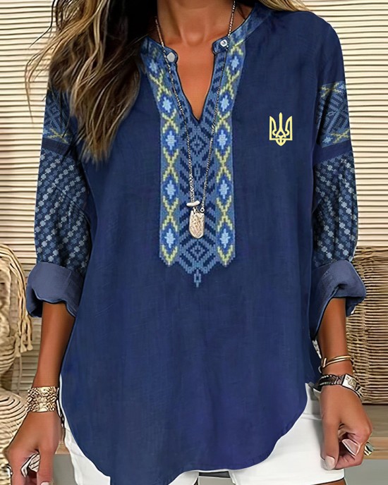 Women's Ukraine Ethnic Art Print V-neck Linen Blend Shirt