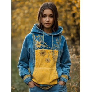 Ukraine Ethnic Floral Embroidered Contrast Color Washed Hoodie