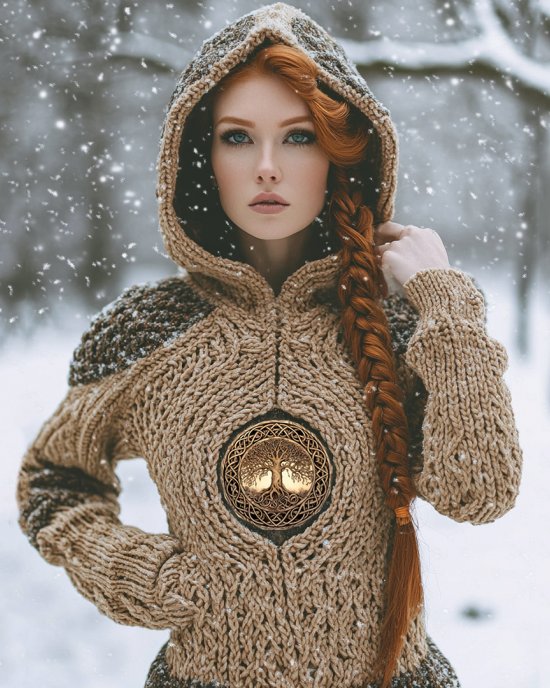Vintage Viking Tribal Tree Of Life Jacquard Celtic Knit Hooded Sweater Vintage Viking Tribal Tree Of Life Jacquard Celtic Knit Hooded Sweater