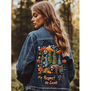 Respect The Locals Bear Embroidery Women's Denim Jacket