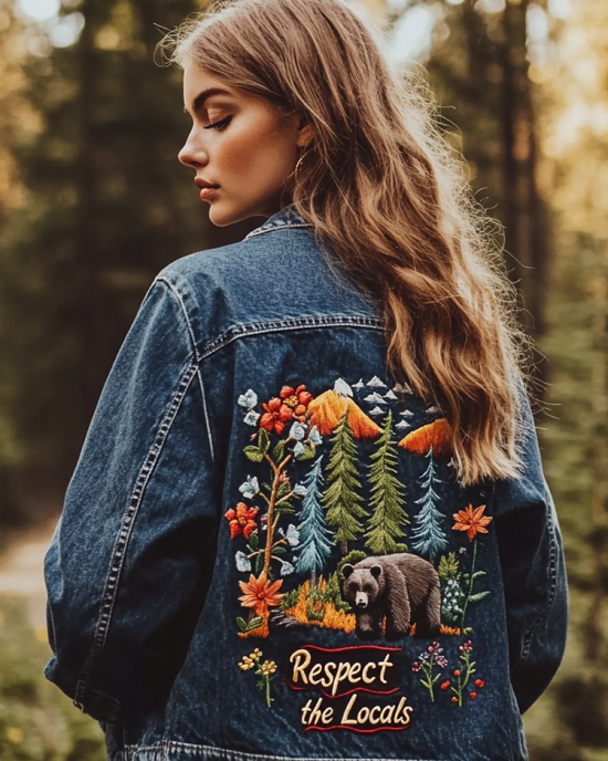 Respect The Locals Bear Embroidery Women's Denim Jacket Respect The Locals Bear Embroidery Women's Denim Jacket