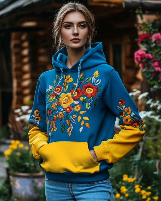 Ukrainian Folk Flower Embroidered Gradient Art Pattern Hoodie