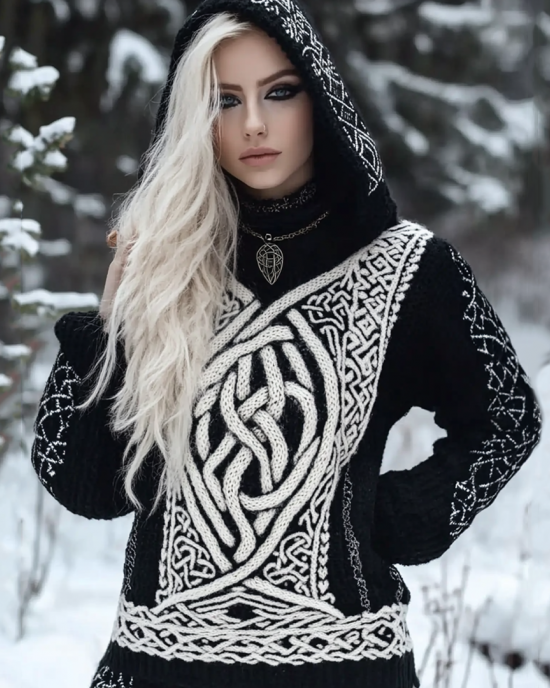 Women's Viking Style Celtic Knot Knitted Jacquard Hooded Sweater Women's Viking Style Celtic Knot Knitted Jacquard Hooded Sweater