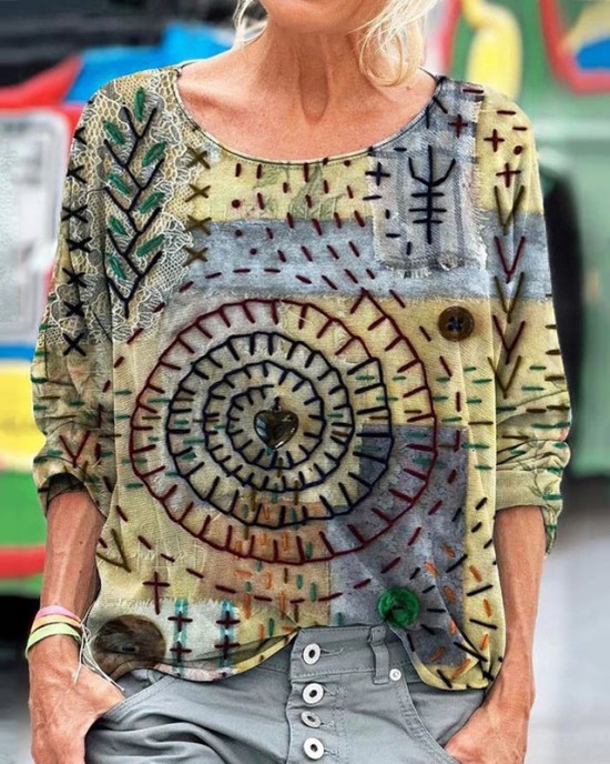 Geometric Stitch Embroidery Pattern Women's Linen Long Sleeve T-shirt Geometric Stitch Embroidery Pattern Women's Linen Long Sleeve T-shirt