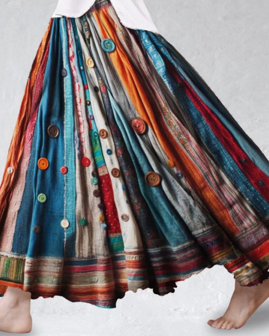 Boho Colorful Textile Flowy Linen Blend Wide Skirt Boho Colorful Textile Flowy Linen Blend Wide Skirt