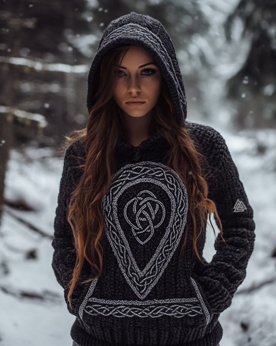 Women's Viking Tribal Jacquard Celtic Inspired Chunky Knit Hooded Sweater Women's Viking Tribal Jacquard Celtic Inspired Chunky Knit Hooded Sweater
