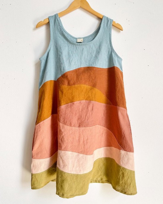 Sunny Earthy Landscape Colorblock Patchwork Linen Tank Dress