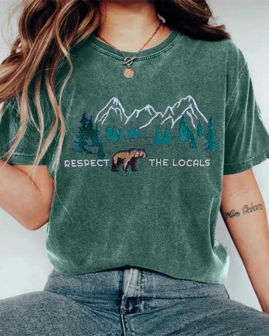 Respect The Locals Bear Landscape Embroidered Washed T Shirt